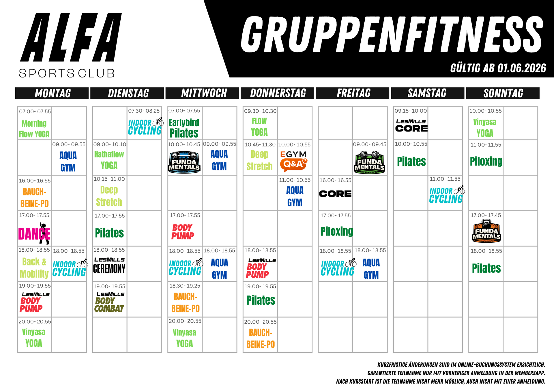 Gruppenkursplan ALFA Sportsclub