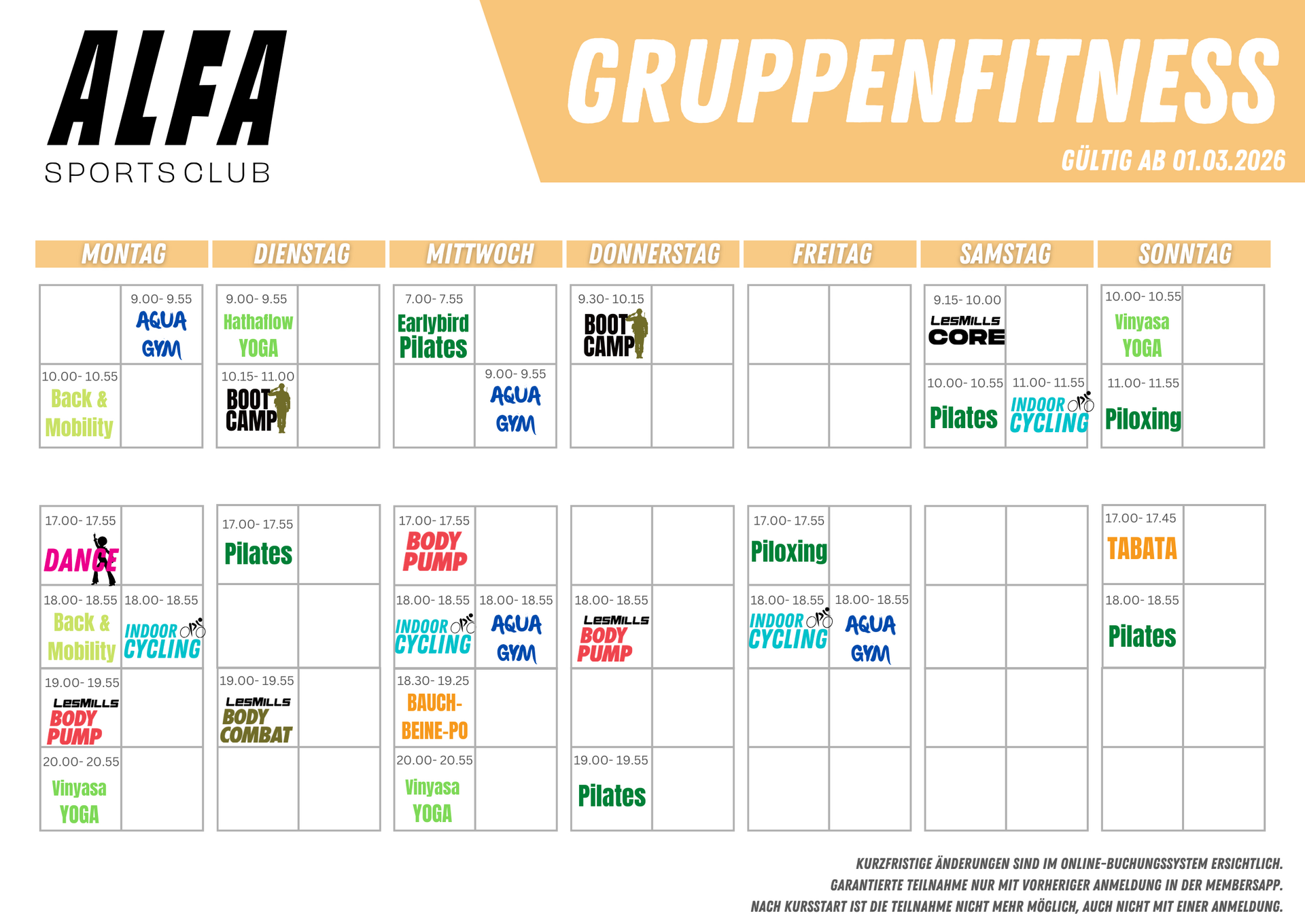 Gruppenkursplan ALFA Sportsclub