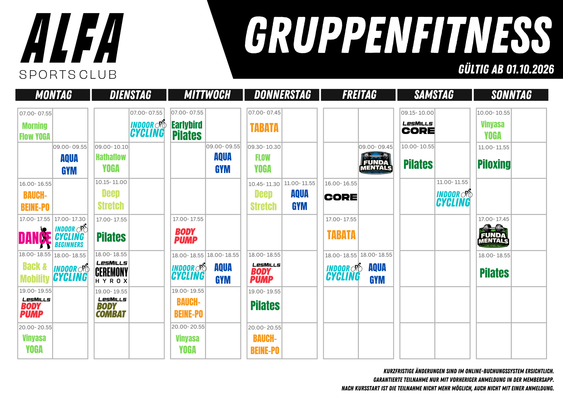 Gruppenkursplan ALFA Sportsclub